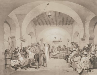 Cafe du Divan, Alger, från en volym till minne av den franska expeditionsstyrkan som erövrade Alger 1830, graverad av Adolphe Jean-Baptiste Bayot (1810-66) av Eugene Flandin