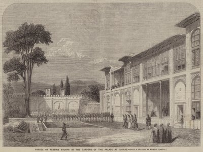 Parade of Persian Troops in the Gardens of the Palace at Shiraz  av Eugene Flandin