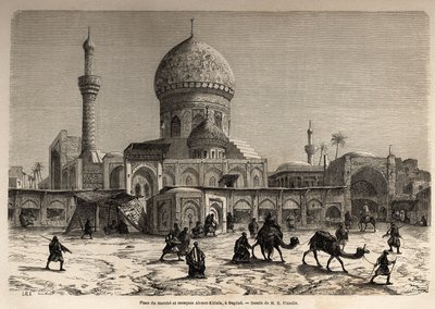 Marche-torget och Ahmet Khiaia-moskén i Bagdad, teckning av Eugene Flandin (1809-1876), för att illustrera hans resa till Mesopotamien 1840-1842. Gravyr i ”” Le tour du monde”” 1861. Selvas samling. av Eugene Flandin