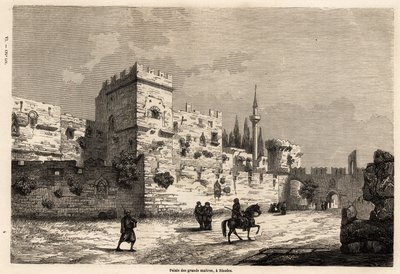 De stora mästarnas palats på Rhodos, teckning av Eugene Flandin, för att illustrera hans resa till ön Rhodos 1844. Gravyr i "" Le tour du monde", redigerad av Edouard Charton av Eugene Flandin