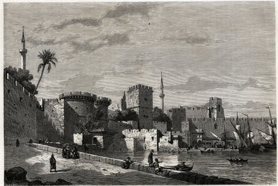 Utsikten över Rhodos hamn och Aubussons port, ritning av Eugene Flandin, för att illustrera hans resa till Rhodos ön 1844. Gravyr i "" Le tour du monde"", redigerad av Edouard Charton av Eugene Flandin
