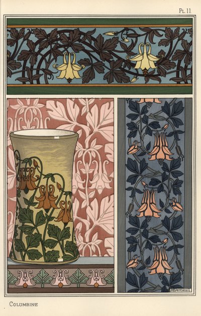 Aklejeblomma, Aquilegia vulgaris, i mönster till tapeter, tyg och vas av Eugene Grasset