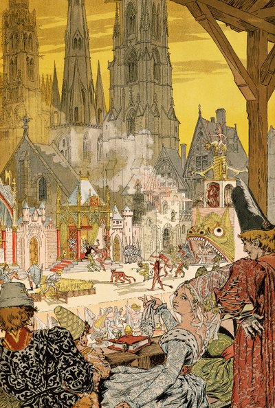 Skildring av mysterium på katedralens kyrkogård, illustration för Notre-Dame de Paris av Victor Hugo (1802-1885) av Eugene Grasset