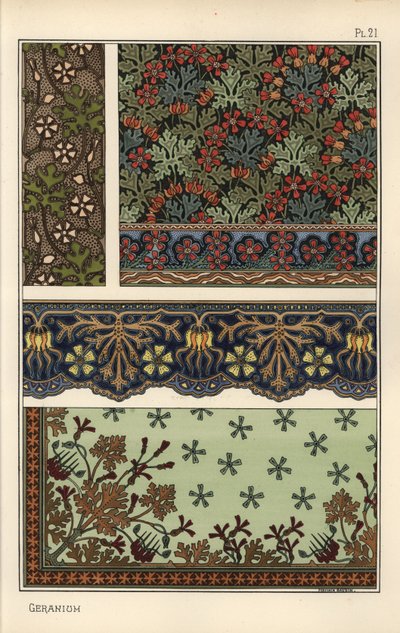 Pelargonmotiv i tapeter, bårder och tygmönster av Eugene Grasset