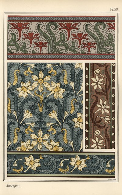 Jonquil, Narcissus jonquilla, som designmotiv i tapeter och tygmönster av Eugene Grasset