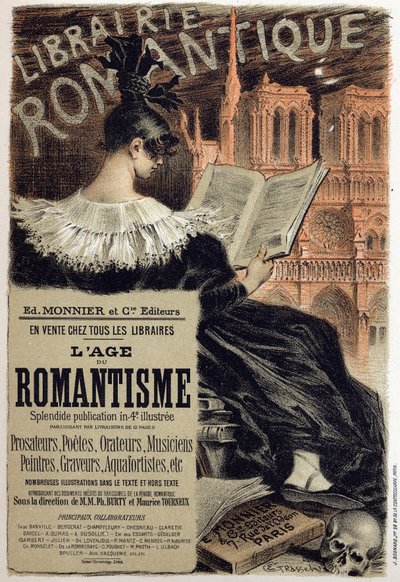 Litteratur. Librairie romantique (Romantisk bokhandel.) Affisch av Eugene Grasset för redaktören Monnier, Frankrike, c.1890 Coll. Del. (affisch) av Eugene Grasset