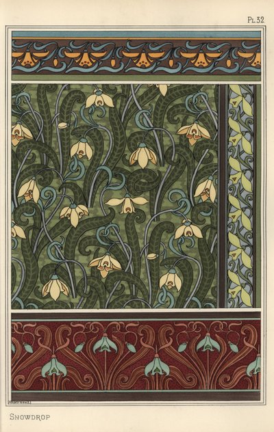 Snödroppe, Galanthus nivalis, som designmotiv i tapeter, bårder och tyger av Eugene Grasset