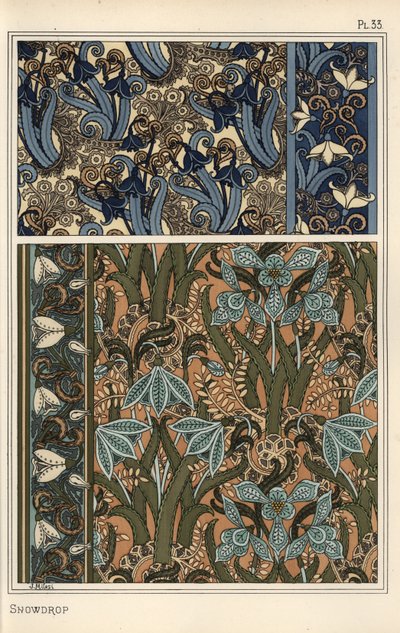 Snödroppe, Galanthus nivalis, som designmotiv i tapeter, bårder och tyger av Eugene Grasset