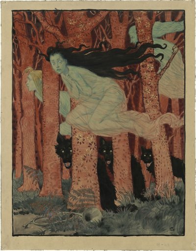 Tre kvinnor och tre vargar Tre kvinnor och tre vargar, ca 1892. av Eugene Grasset