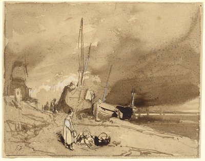 Bord de Plage (Fiskebåtar på en strand, stormmoln i fjärran) av Eugene Isabey