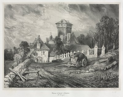 Pittoreska och romantiska resor i gamla Frankrike: Auvergne (vol. II): Pesteil slott vid Polminhac, plansch 202 av Eugene Isabey