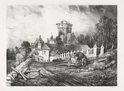Pittoreska och romantiska resor i det antika Frankrike, Auvergne: Château de Pesteil i Polminhac av Eugene Isabey
