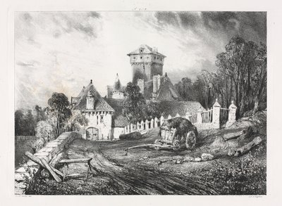 Pittoreska och romantiska resor i det antika Frankrike, Auvergne: Château de Pesteil i Polminhac av Eugene Isabey