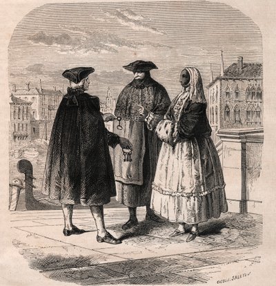 Hyresgästen av teaterrummen i Venedig - teckning av Viollat av Gaetano Zompini (1700-1778) - The Metiers of Venice av Eugene Joseph (after) Viollat
