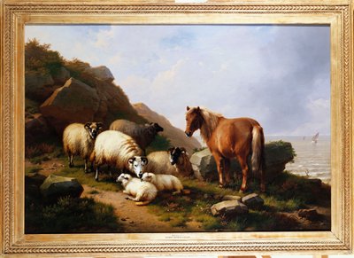 En ponny och får på en klippa med ett segelfartyg bortom, 1868 av Eugene Joseph Verboeckhoven
