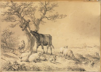 Landskap med djur och pojke i träd, 1866. av Eugene Joseph Verboeckhoven