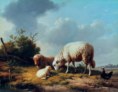 Får och fjäderfä i ett landskap, 1800-talet. av Eugene Joseph Verboeckhoven