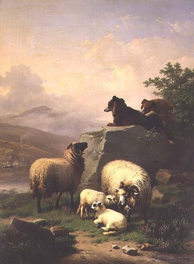 Får och lamm med två hundar i ett flodlandskap av Eugene Joseph Verboeckhoven