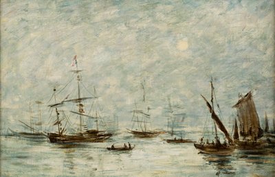 Båtar förtöjda i en hamn (olja på duk) av Eugene Louis (attr.to) Boudin
