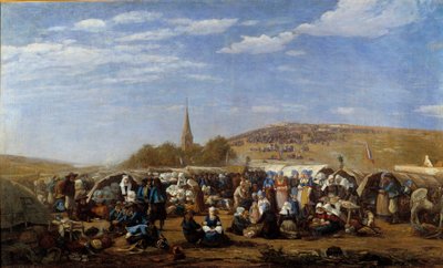 En förlåtelse till Saint Anne la Palud 1858 religiöst firande i Bretagne. Målning av Eugene Louis Boudin (1824-1898) 1858 Le Havre, Musee des Beaux Arts. av Eugene Louis Boudin