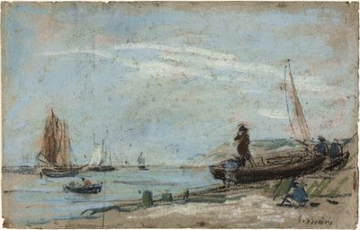 Strand med fiskebåtar och kol av Eugene Louis Boudin