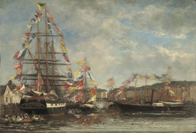 Fest i Honfleur hamn, 1858 (olja på trä) av Eugene Louis Boudin