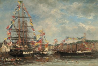 Festivaldag i hamnen i Honfleur. 1858 av Eugene Louis Boudin