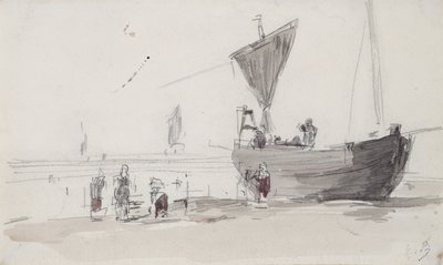 Fiskebåt på stranden (penna och wc på papper) av Eugene Louis Boudin