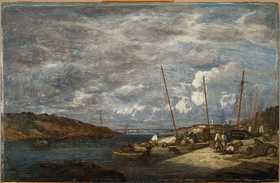 Fiskebåtar vid kajen, Douarnenez, 1855 av Eugene Louis Boudin