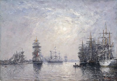 Le Havre, Eure Basin, segelbåtar vid ankar, solnedgång; Le Havre, Eure Basin, Segelbåtar vid ankar, solnedgång, 1870 av Eugene Louis Boudin
