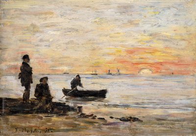 Lågvatten - kust och fiskare vid solnedgången; Lågvatten - strand och fiskare vid solnedgången, 1862 av Eugene Louis Boudin