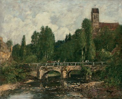 Saint-Cenery, kyrkan och bron, 1892 av Eugene Louis Boudin