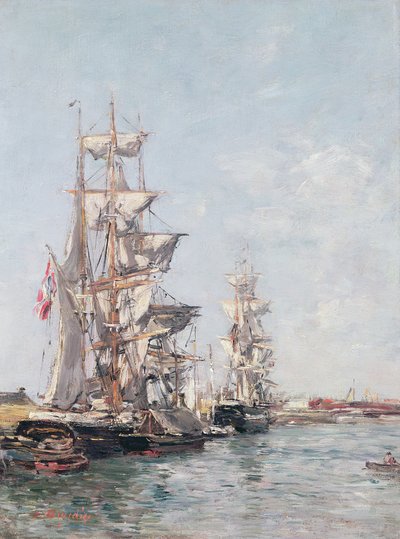 Tremastade båtar vid kajen i Deauvilles hamn, ca 1888-89 av Eugene Louis Boudin