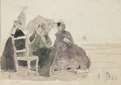 Tre kvinnor sittande på stolar på en strand, sent 1800-tal av Eugene Louis Boudin