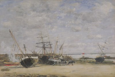 Fartyg och hästar på kusten av Eugene Louis Boudin