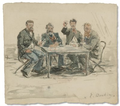 På Saint-Siméon-gården (Jongkind, Émile van Marcke, Claude Monet och "fader Achard"), ca. 1867 (akvarell och penna på papper) av Eugene Louis Boudin