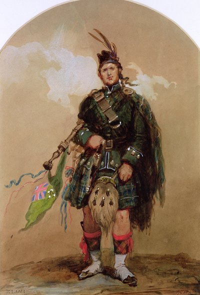 Ein Dudelsackspieler der 79. Highlanders im Chobham Camp 1853 von Eugene Louis Lami