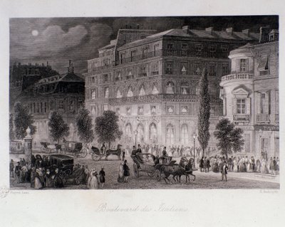 Animation um die Theater des Boulevard des Italiens in Paris. Gravur von Eugene Louis Lami (1800-1890) 1843 von Eugene Louis Lami