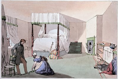 Vandrarhem: en tjänare som hjälper en kund att ta på sig skor. Illustration av Eugene Louis Lami (1800-1890), mitten av 1800-talet av Eugene Louis Lami