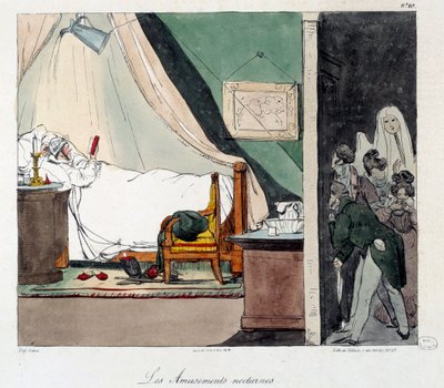 Nattnöje. Barn är rädda för att skrämma en person som läser i sängen. Illustration av boken "La vie de chateau"". Gravyr av Eugene Louis Lami (1800-1890) av Eugene Louis Lami