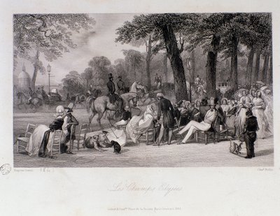 Passagerare och vandrare på Champs Elysees (Champs-Elysees) i Paris. Gravyr av Eugene Louis Lami (1800-1890) 1841 Privat samling av Eugene Louis Lami
