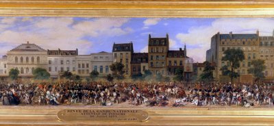 Attacken av Giuseppe Fieschi (korsikansk konspiratör) den 28/07/1835 mot Louis-Philippe I (1773-1850), kungen av fransmännen, Boulevard du Temple i Paris (Louis Philippe recenserar nationalgardet) Detalj av en målning av Eugene Lami (1800-1890) 1845 Sön. av Eugene Louis Lami