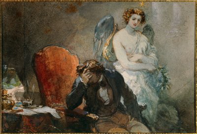 Natten till oktober Illustration av verk av Alfred de Musset (1810-1857). Akvarell av Eugene Louis lami (1800-1890) 1800-talets sön. 0,1x0,14 m Malmaison, musee du chateau av Eugene Louis Lami