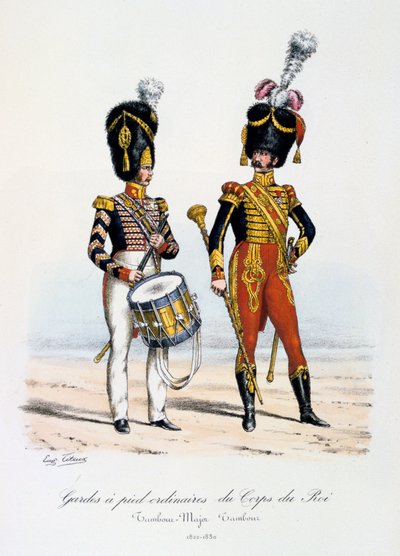Ordinarie fotvakter av kungens kår, trummajor och trumslagare, 1822-30 av Eugene Titeux