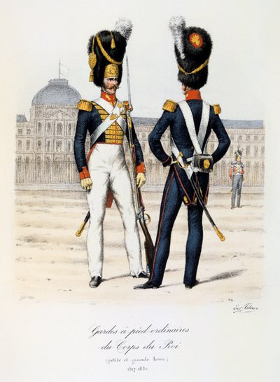 Ordinarie fotvakter av kungens kår, liten och hel klädsel, 1817-30 av Eugene Titeux