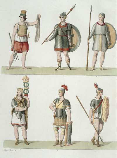 Romerska soldater, detalj från plåt 2, klass 5 i del I av Nationernas historia, graverad av Buttazon aquatint se även 93289 av Eugenio Bosa