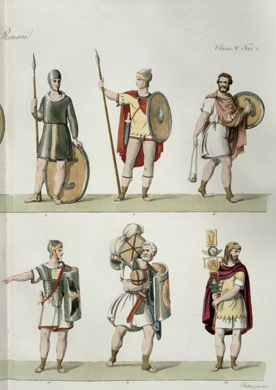 Romerska soldater, detalj från plåt 2, klass 5 i del I av Nationernas historia, graverad av Buttazon (akvatint) (se även 93288) av Eugenio Bosa