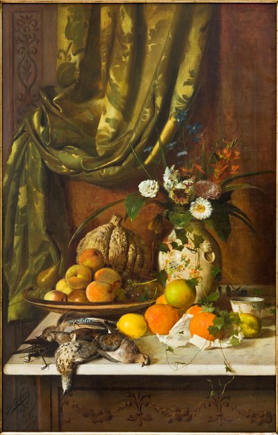 Blommor, frukt och vilt (olja på duk) av Eugenio De Giacomi