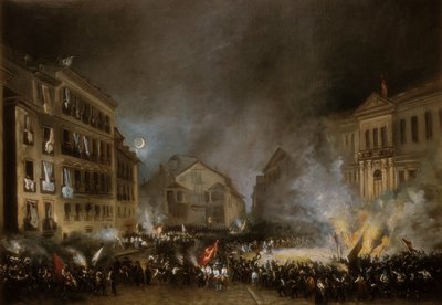 Avsnitt av revolutionen 1854 i Puerta del Sol i Madrid. Målning av Eugenio LUCAS VELAZQUEZ av Eugenio Lucas Velázquez