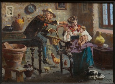Scen med en man, en kvinna och en flicka (olja på duk) av Eugenio Zampighi
